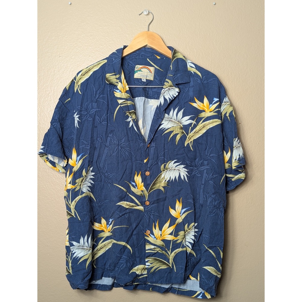 Paradise Found Hawaiian Shirt Mens XL Blue Bird of Paradise Rayon Aloha Floral